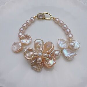 26B92 Handmade Freshwater Baroque Pearl Flower Bracelet Necklace 2in1